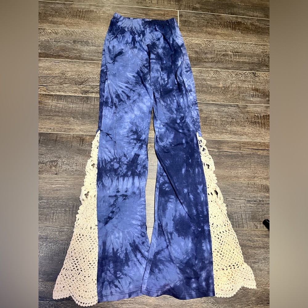 Judith March Blue Tie Dye High Waisted Crochet Flare Boho Palazzo Pants